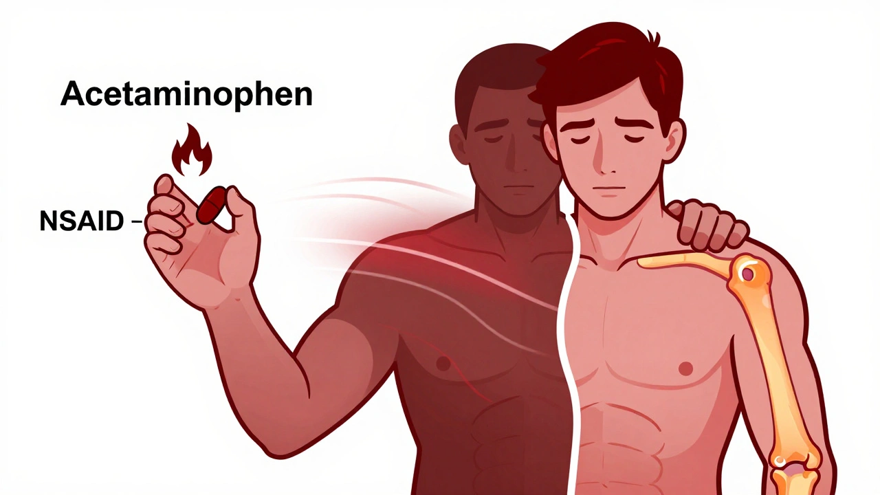 Person choosing between NSAID and acetaminophen pills with body pain contrast.