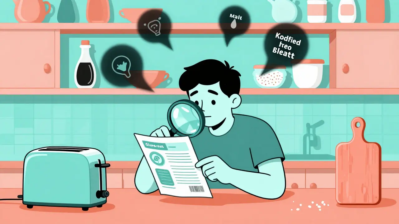 Person reading food label with hidden gluten sources floating above pantry shelves in duotone illustration.