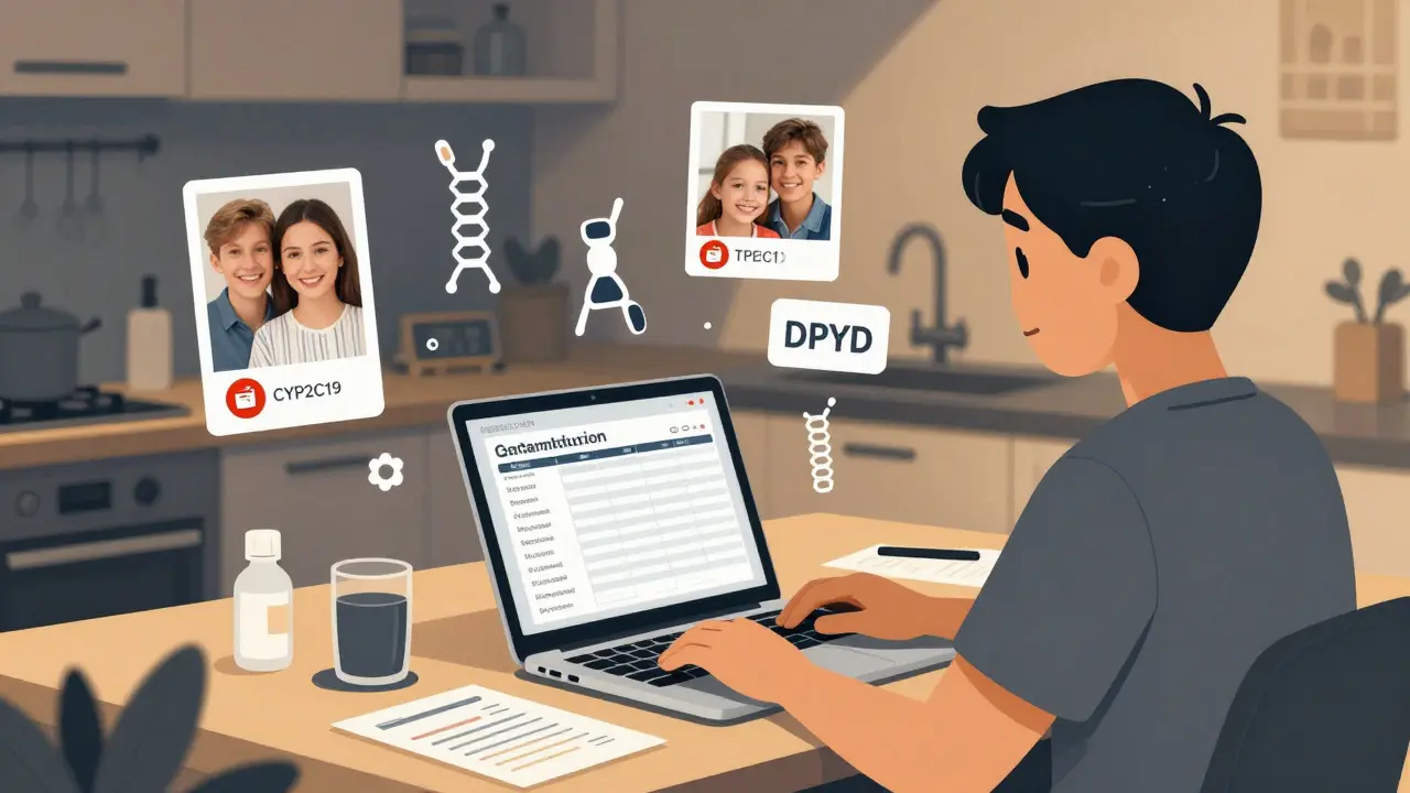 Person reviewing genetic test at kitchen table, surrounded by family photos and gene symbols.