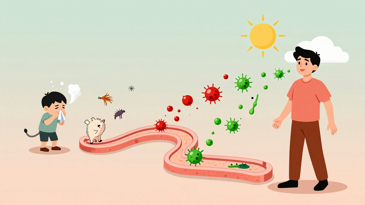 Person transforming from sneezing to healthy over three years as allergens turn from red to green in a stylized timeline.