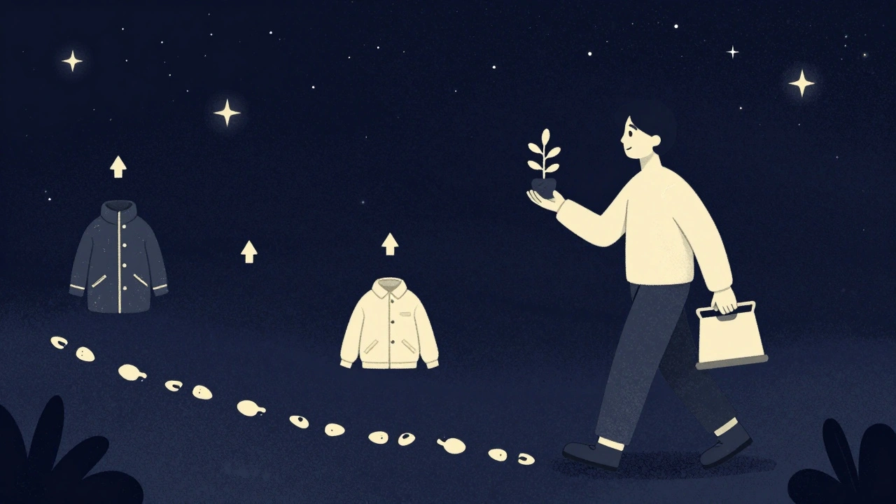 Person walking at night with plant and scale, footsteps showing progress over seasons.