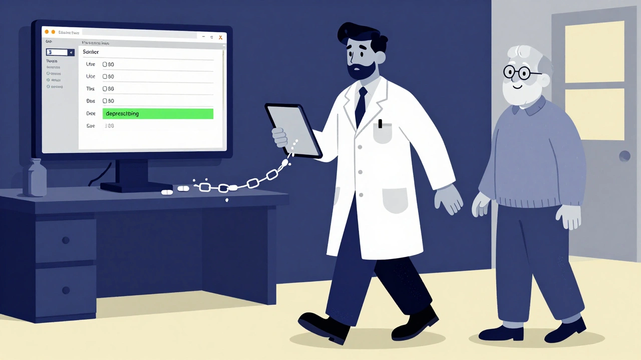 Pharmacist and patient presenting deprescribing plan to doctor, broken pill chain symbolizing safe medication reduction.
