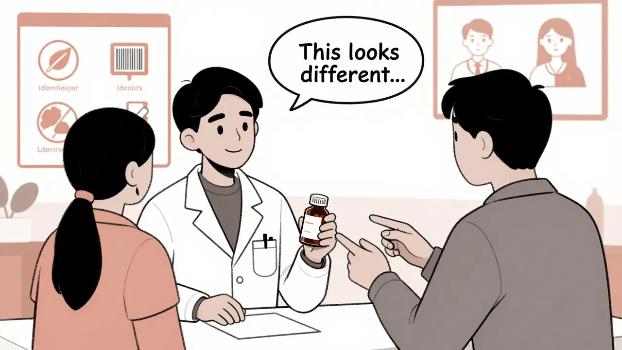 Pharmacist counseling patient about medication, patient noticing pill looks different from previous refill.