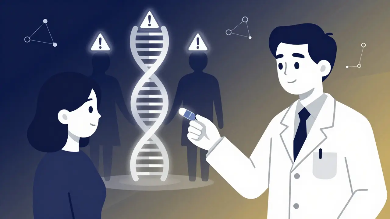 Pharmacist giving a pill while DNA helix projects family members with drug reaction warnings.