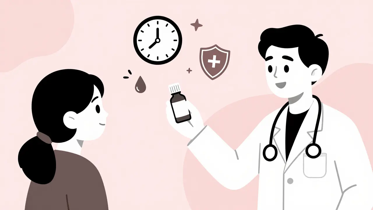 Pharmacist offering chewable antibiotic tablet instead of liquid suspension