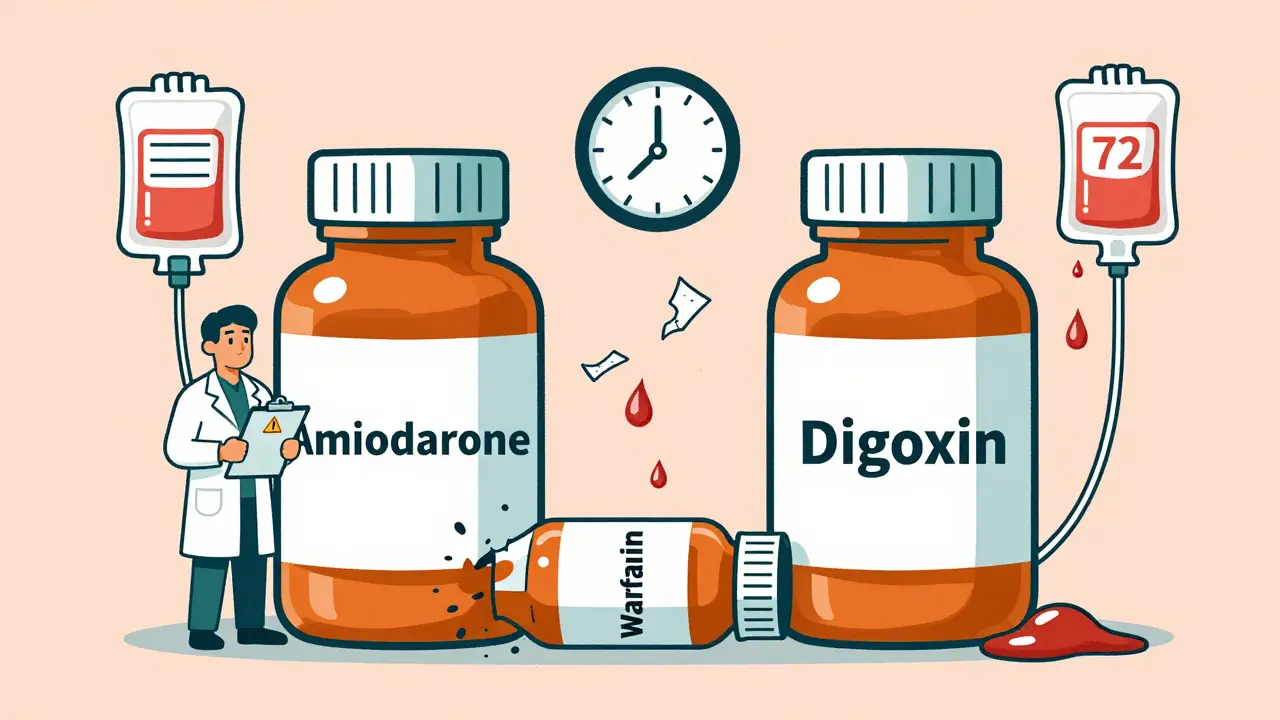 Pharmacist standing between crushing drug bottles with blood droplets falling, symbolizing dangerous interaction.