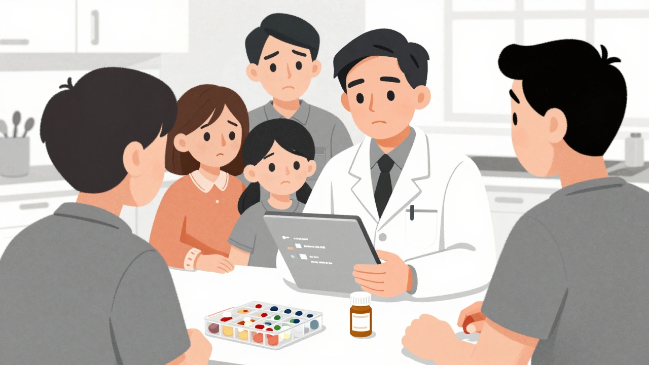 Pharmacy technician interviewing patient at home with pill bottles and digital alert on tablet.