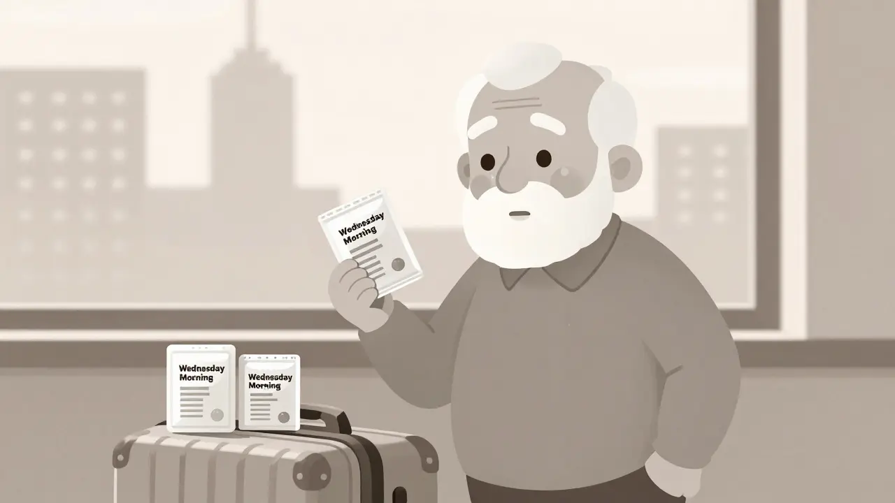 Senior holding a daily pill pack pouch while standing next to a suitcase, other pouches stacked nearby.