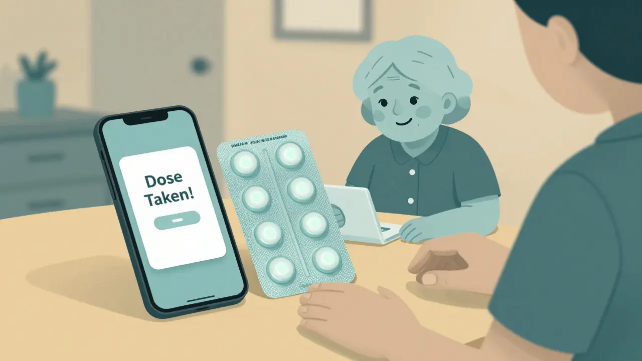 Smart blister pack with glowing sensors and a phone notification, senior smiling beside it in a home setting.