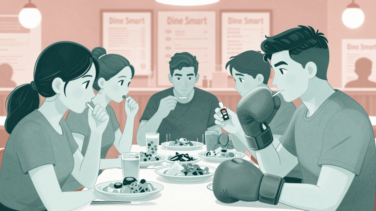 Someone boxing half their meal at a restaurant while holding glucose tablets, friends dining nearby.