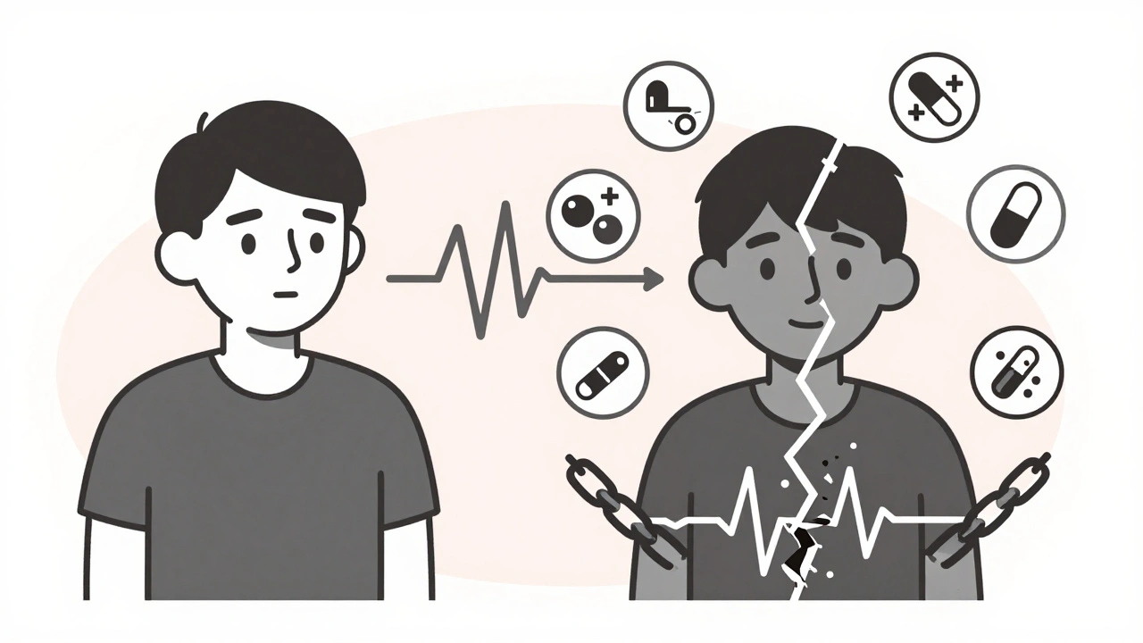 Split figure showing safe vs. risky antipsychotic use with electrolyte icons in duotone style.
