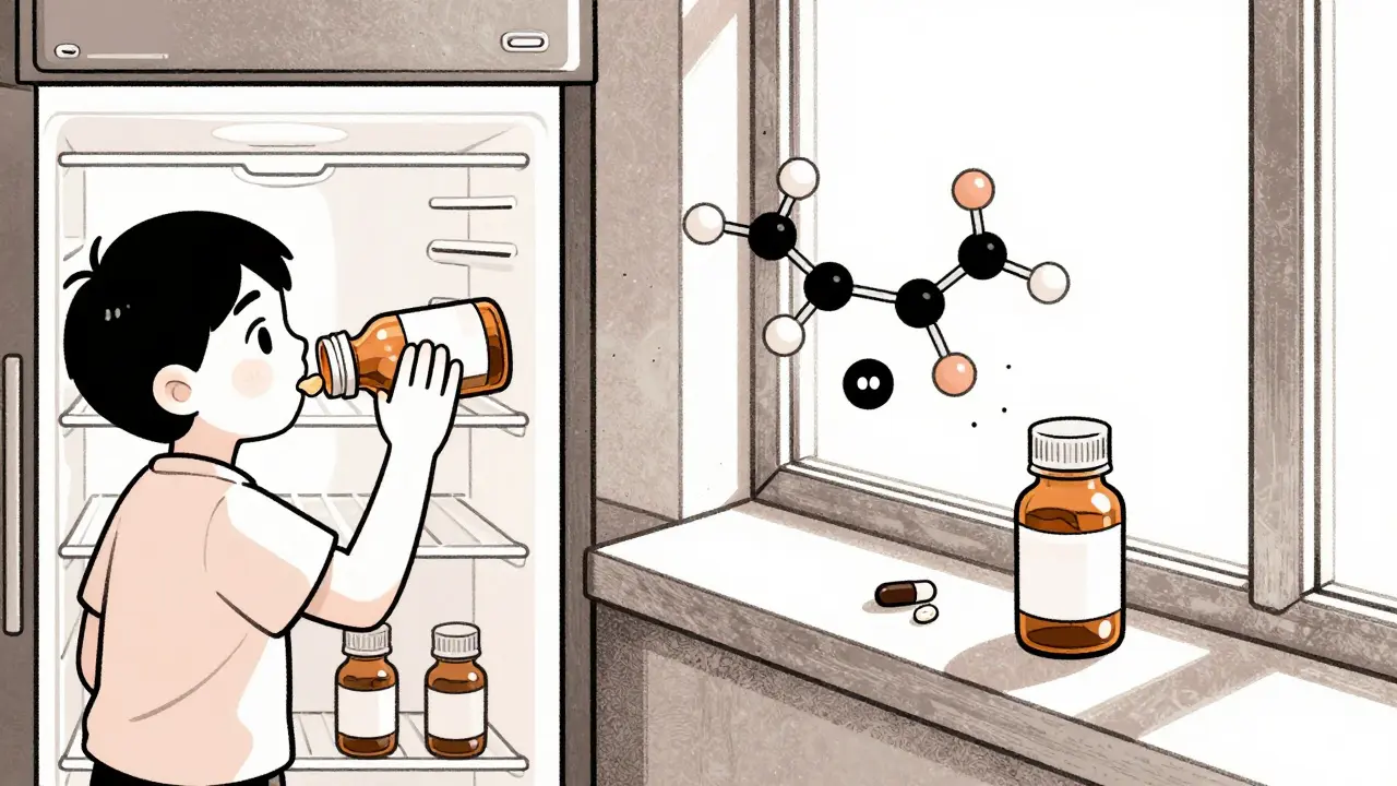 Split image: medicine stored properly in fridge vs. degrading on windowsill