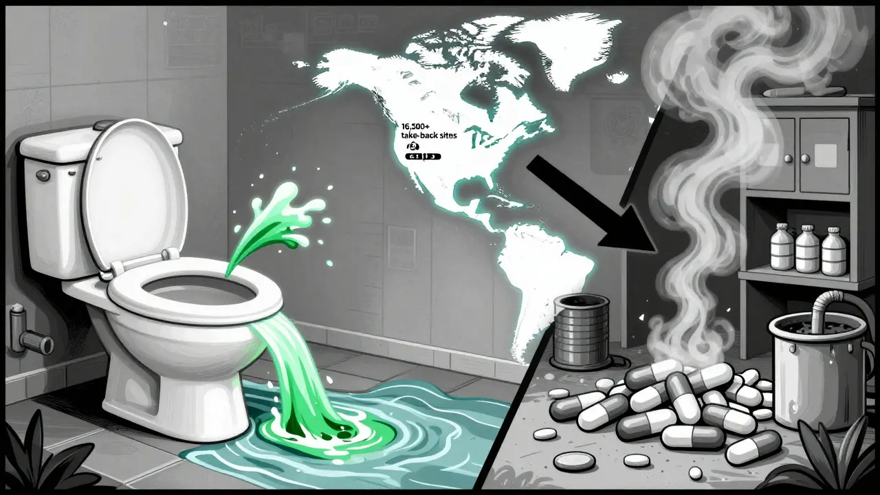 Split image: polluted river from flushing pills vs. safe incineration at disposal facility.