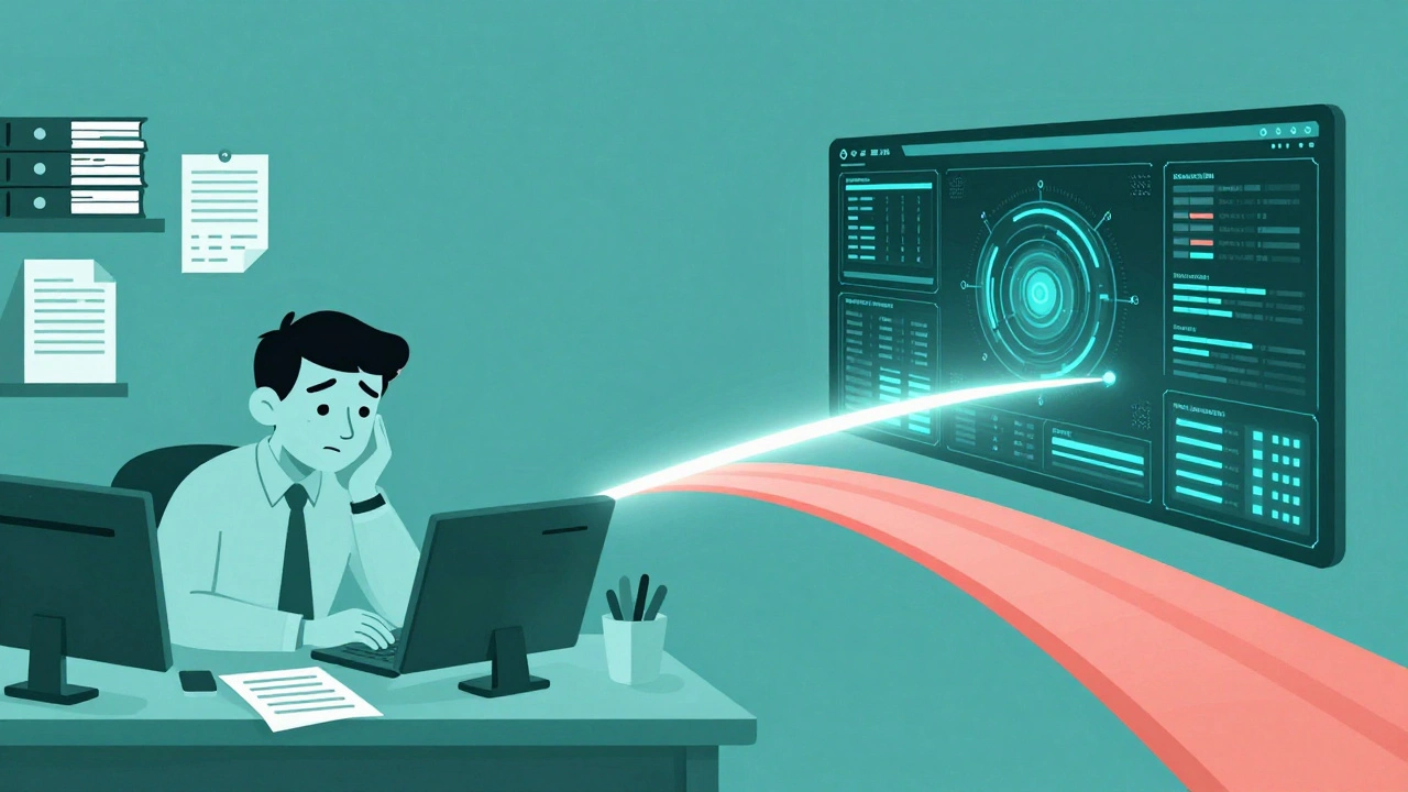 Split scene: paper chaos vs. digital clarity in drug safety, shown in duotone cartoon style.