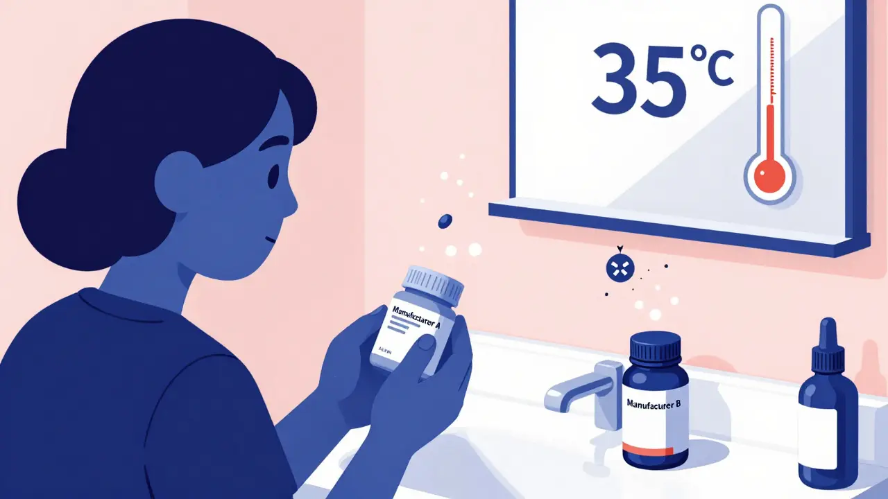 A patient holding two different generic pills, with toxic particles emerging as bathroom temperature rises dangerously high.