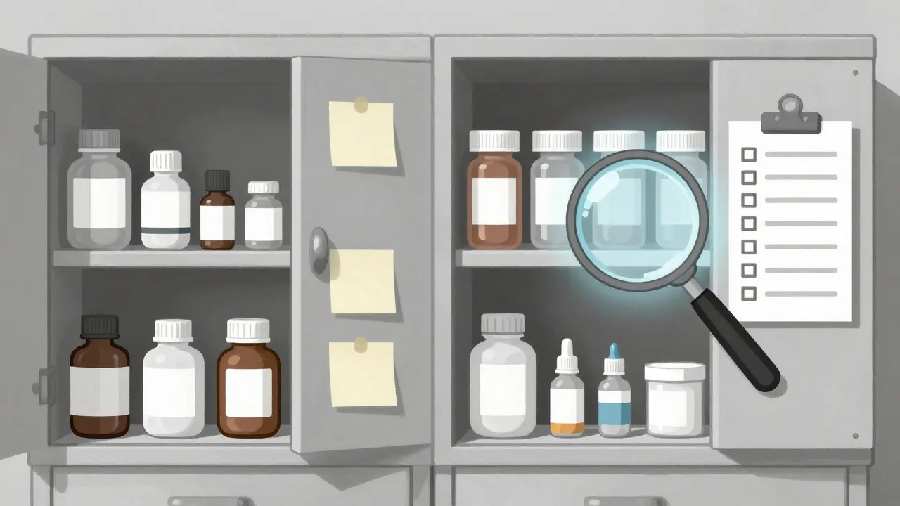 Cluttered vs. organized medicine cabinet with magnifying glass highlighting safety.