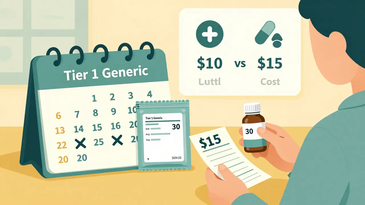 Comparison of 90-day mail-order cost () versus 30-day retail cost () for generic medication.