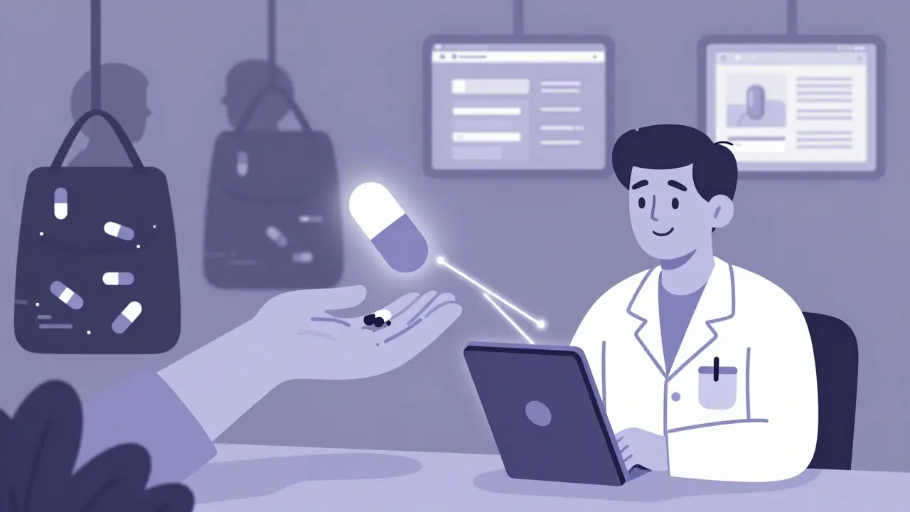 Digital pill with sensor connected to doctor’s tablet, symbolizing improved medication tracking.