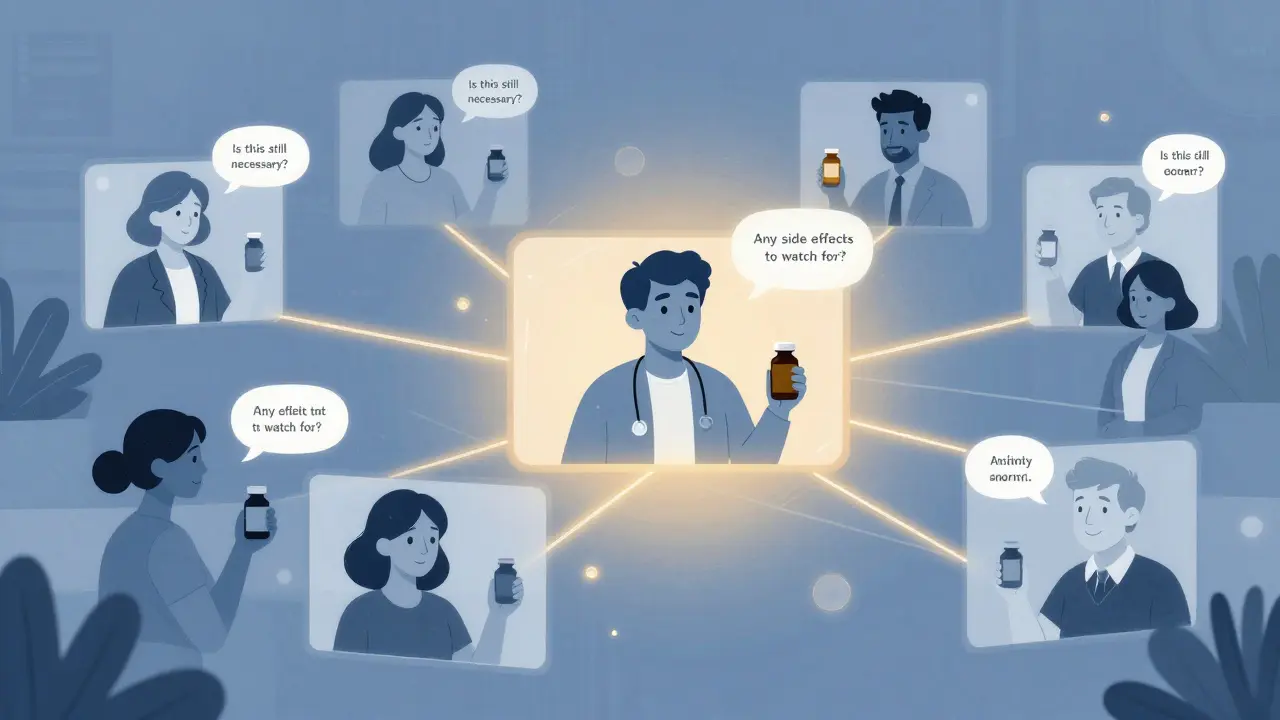 Diverse people in video calls connected by glowing lines, all holding medication bottles.