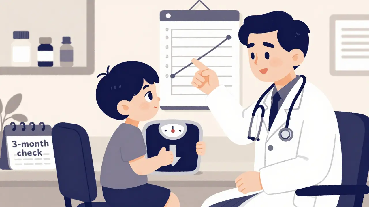 Doctor and child reviewing weight chart during ADHD medication checkup in duotone style.