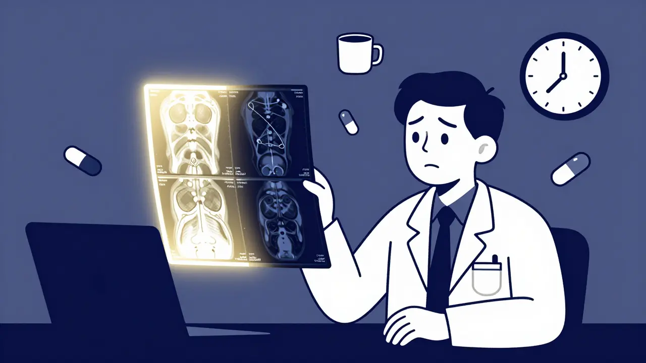 Doctor comparing thyroid scan images showing Graves’ disease versus medication abuse.