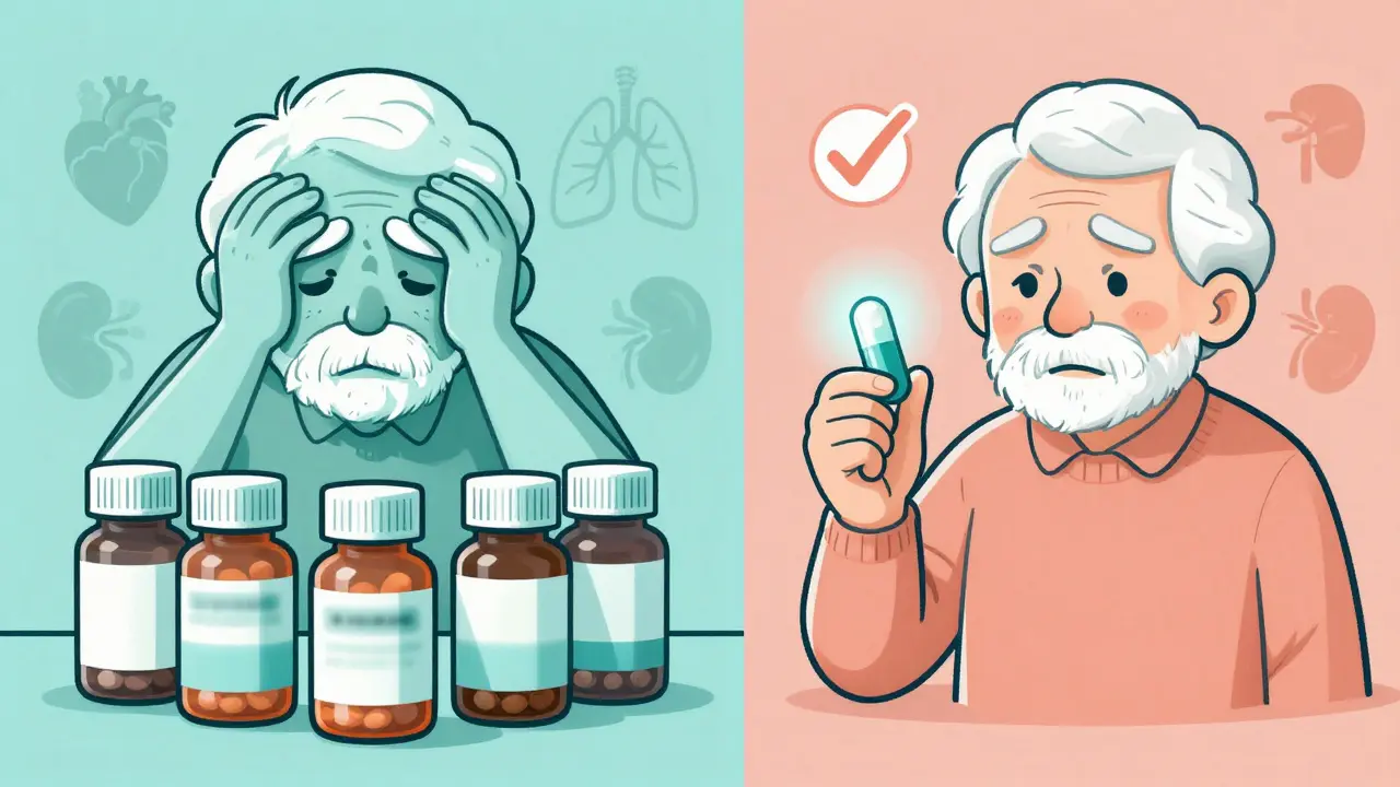 Elderly person choosing one pill over multiple bottles, representing reduced confusion and stress.