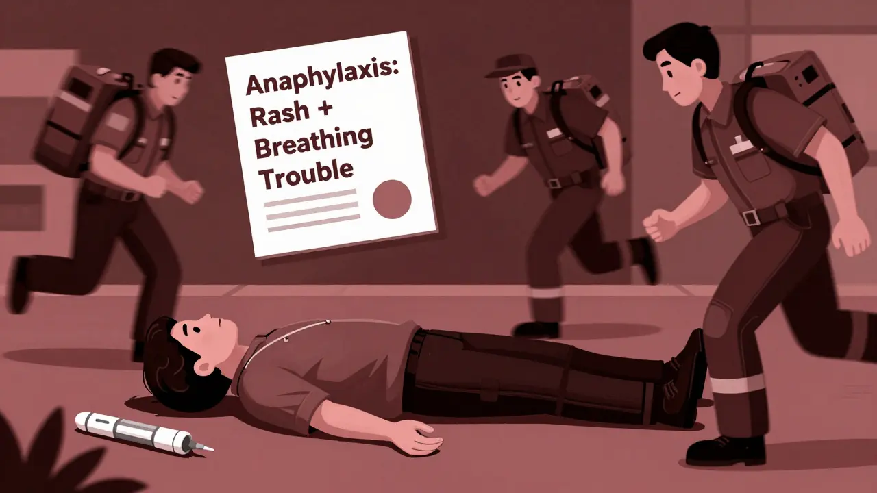 Emergency scene with EpiPen injection, paramedics rushing in, medical chart showing anaphylaxis signs.