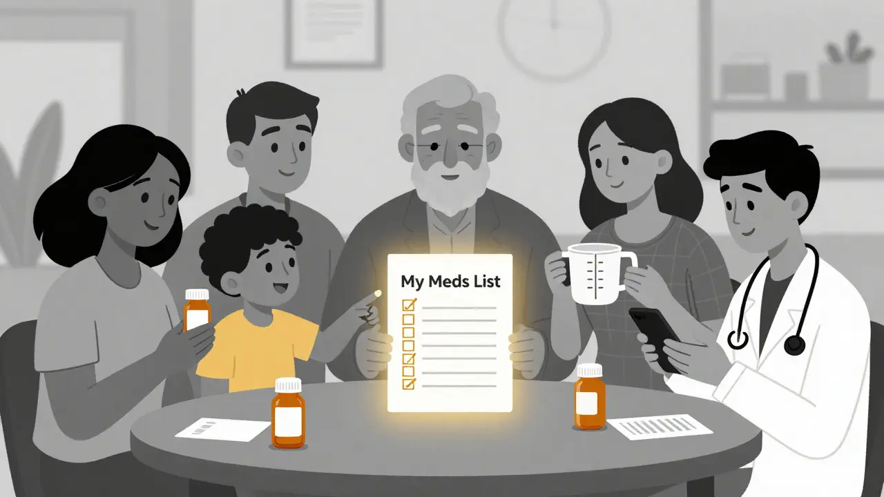 Family gathered around a table with medication bottles and a glowing checklist labeled 'My Meds List'.