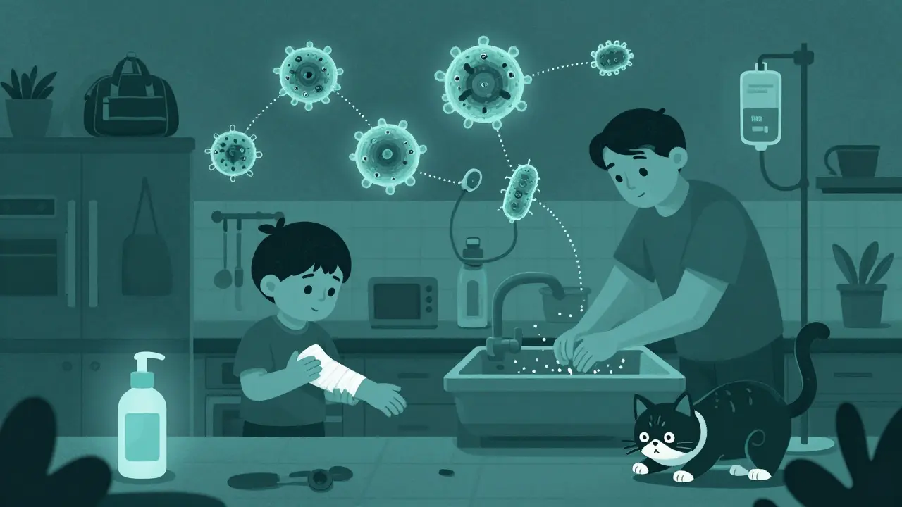 Family in kitchen with floating MRSA bacteria connecting community and hospital symbols.