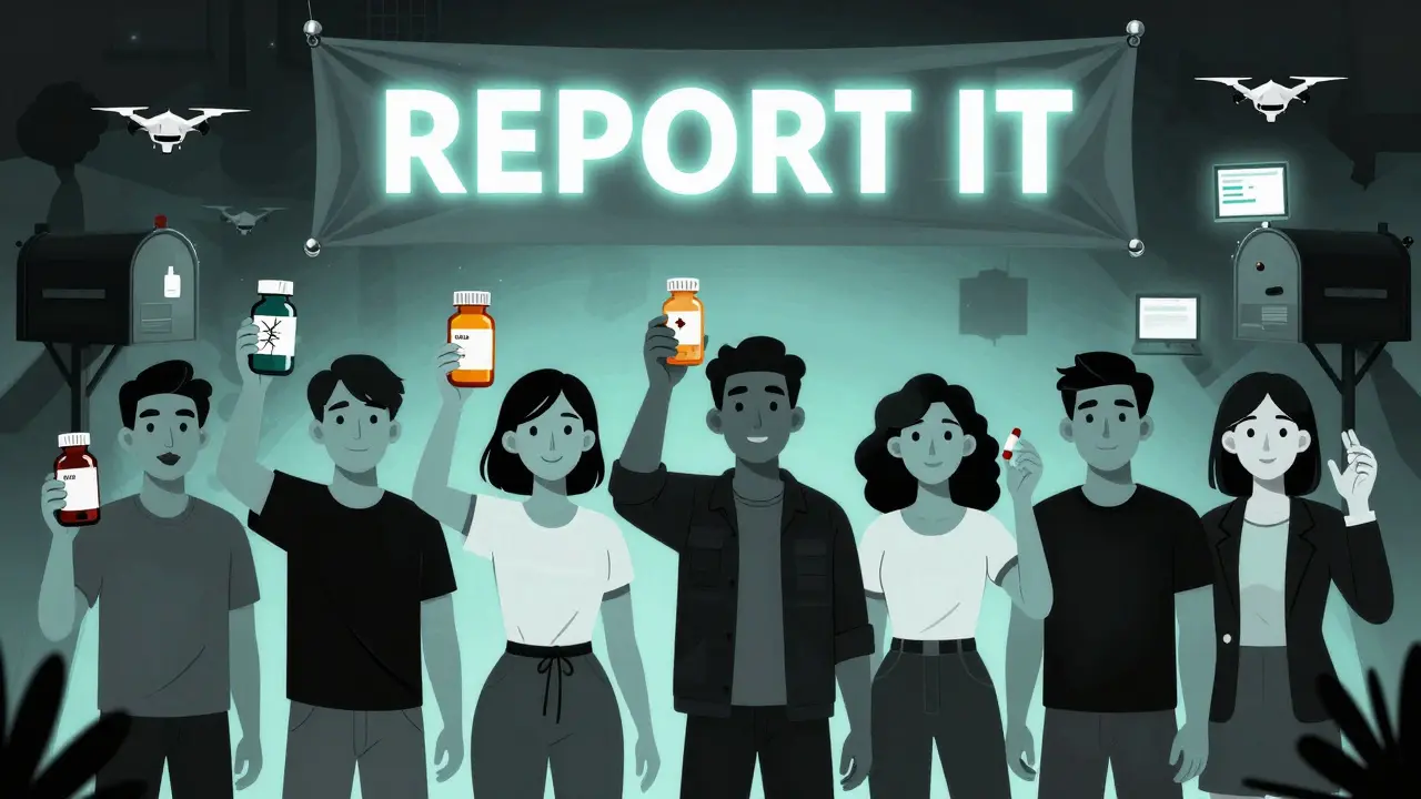 Group of people holding suspicious pills under a 'REPORT IT' banner, shadowy traffickers behind them.