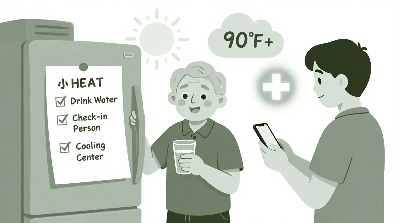 Handwritten heat safety plan on fridge with family check-in and water glass in duotone illustration.