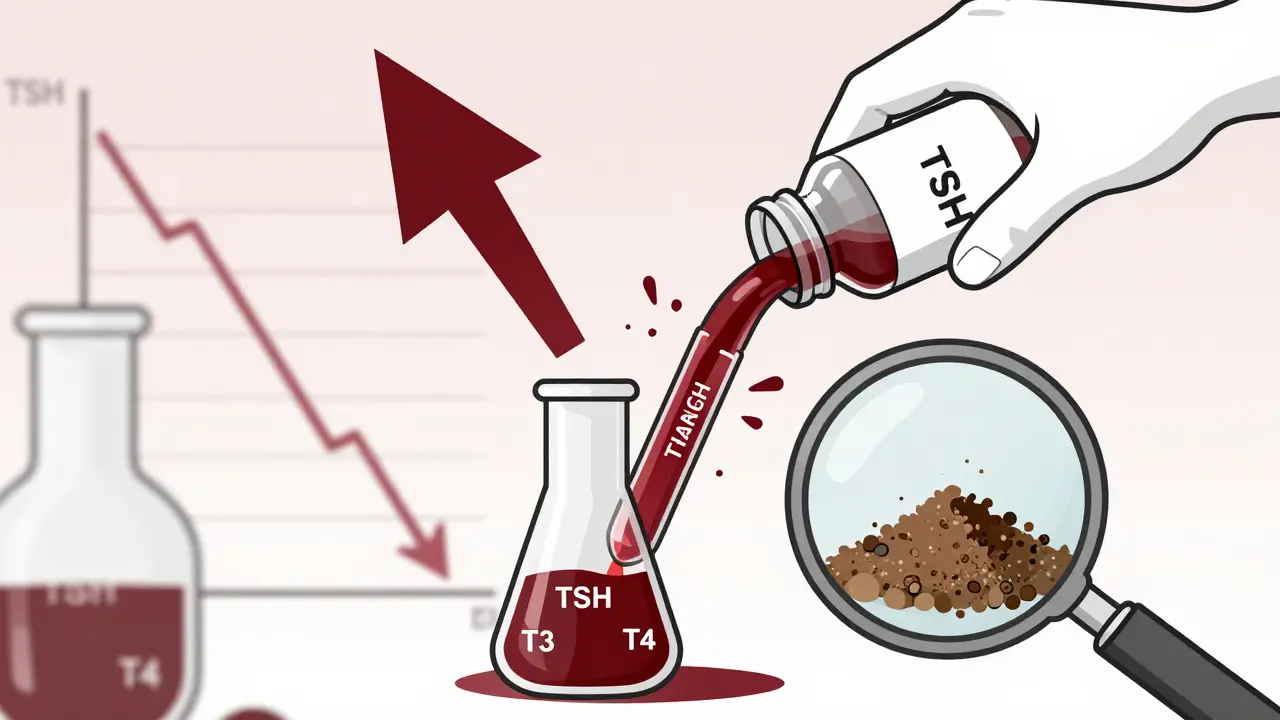 Lab beaker with exploding thyroid hormone levels as ashwagandha powder is poured in, showing inconsistent potency.