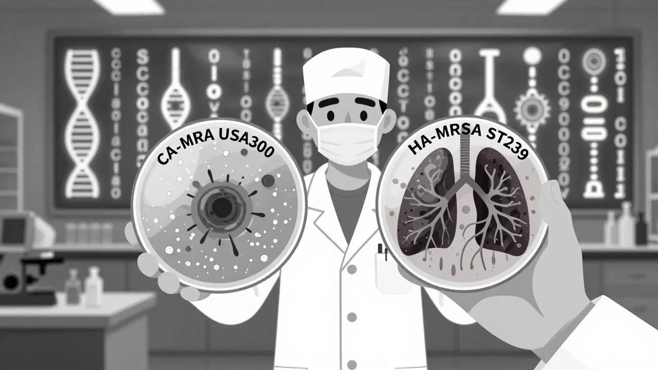 Lab technician comparing two MRSA strains in petri dishes with genetic sequences in background.