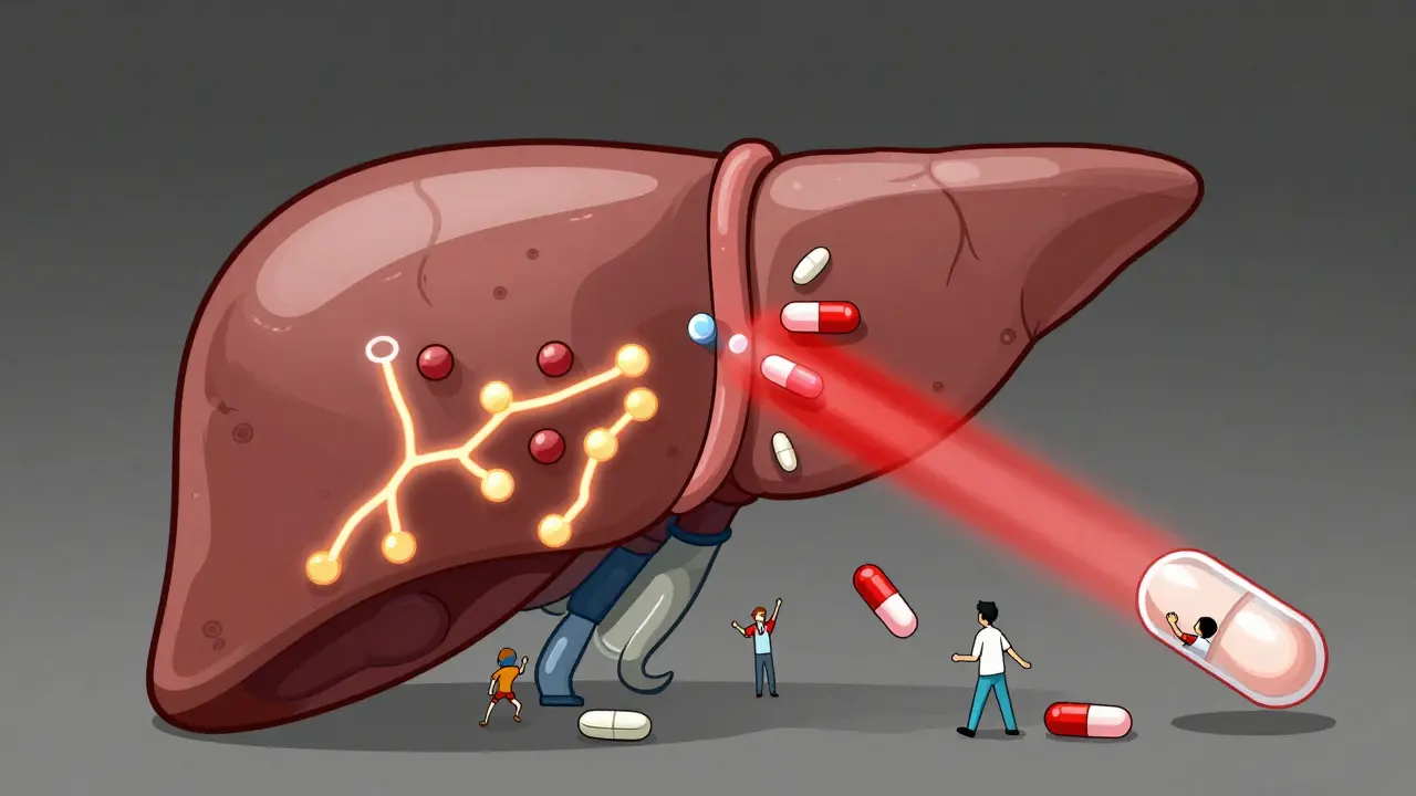 Liver with enzyme pathways blocked by a supplement, preventing medications from being processed.