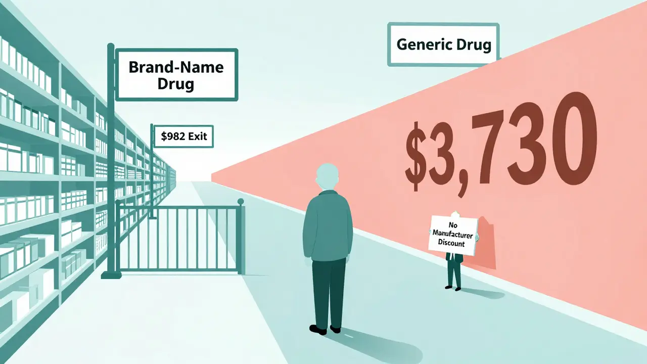 Medicare beneficiary facing two paths to coverage gap exit, one much longer for generic drugs.