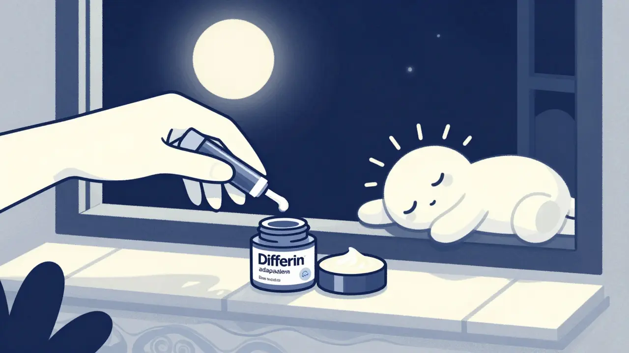 Nighttime skincare routine with adapalene gel and moonlit window, stylized in duotone cartoon art.