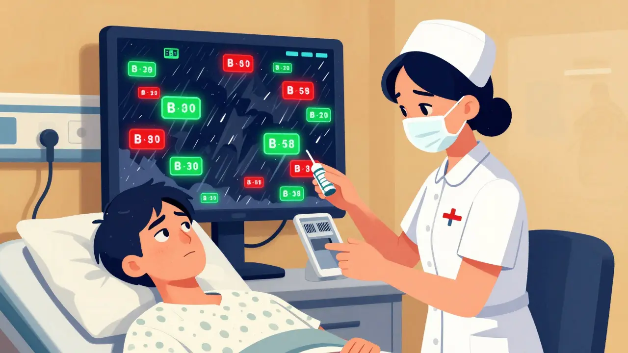 Nurse scanning medication barcode amid a flood of digital alerts in a hospital room.