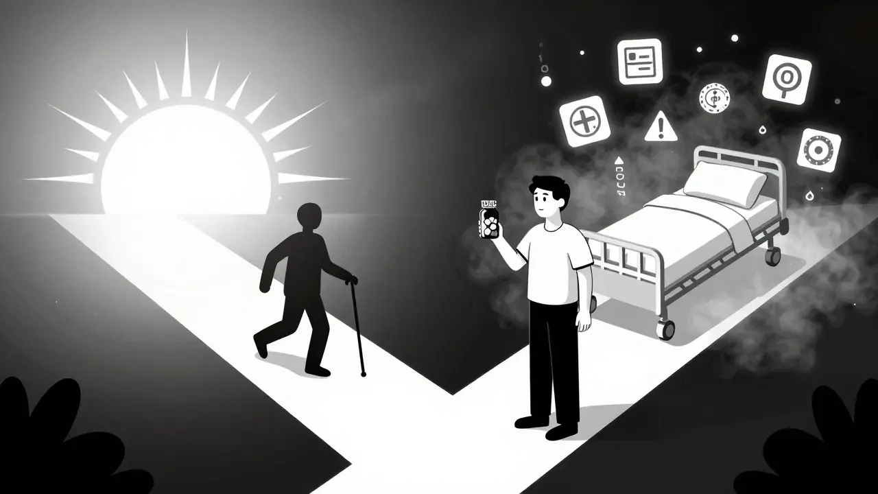 Patient choosing between health and risk at a crossroads, symbolic paths illuminated.