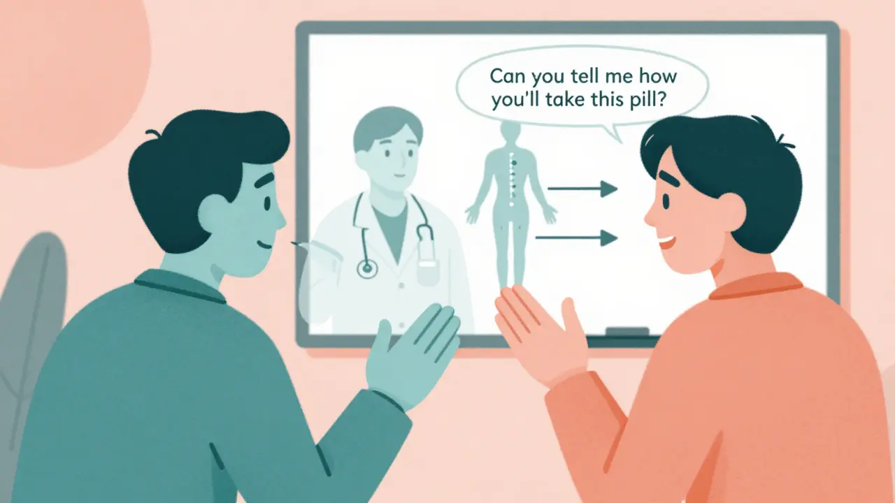 Patient explaining medication use to a family member, with a visual whiteboard of drug timing and action.