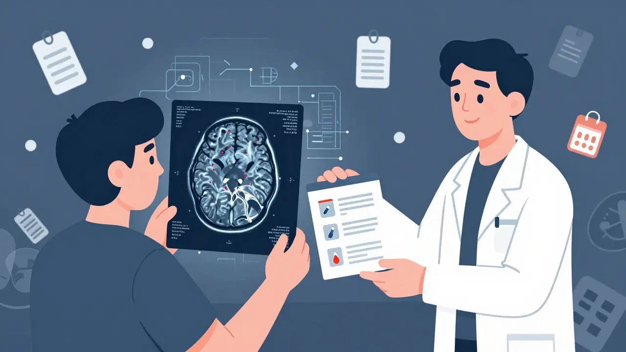 Patient holding MRI scan with pharmacist giving updated medication guide in duotone style.