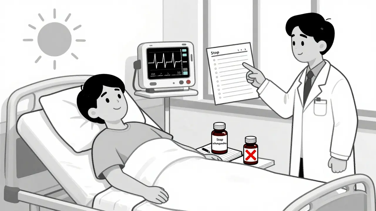 Patient in hospital with erratic EKG, doctor pointing to abnormal thyroid levels, ashwagandha bottle marked with X.