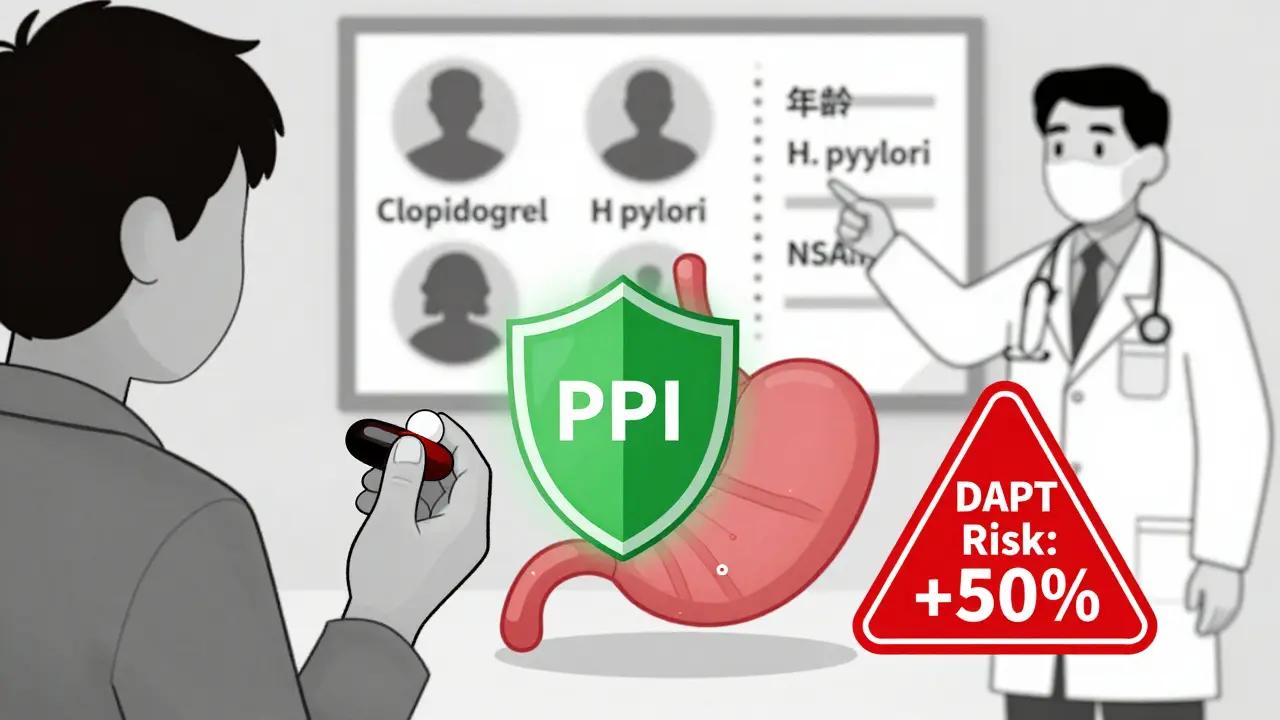 Patient taking PPI pill with protective shield, warning icons for bleeding risks in background.