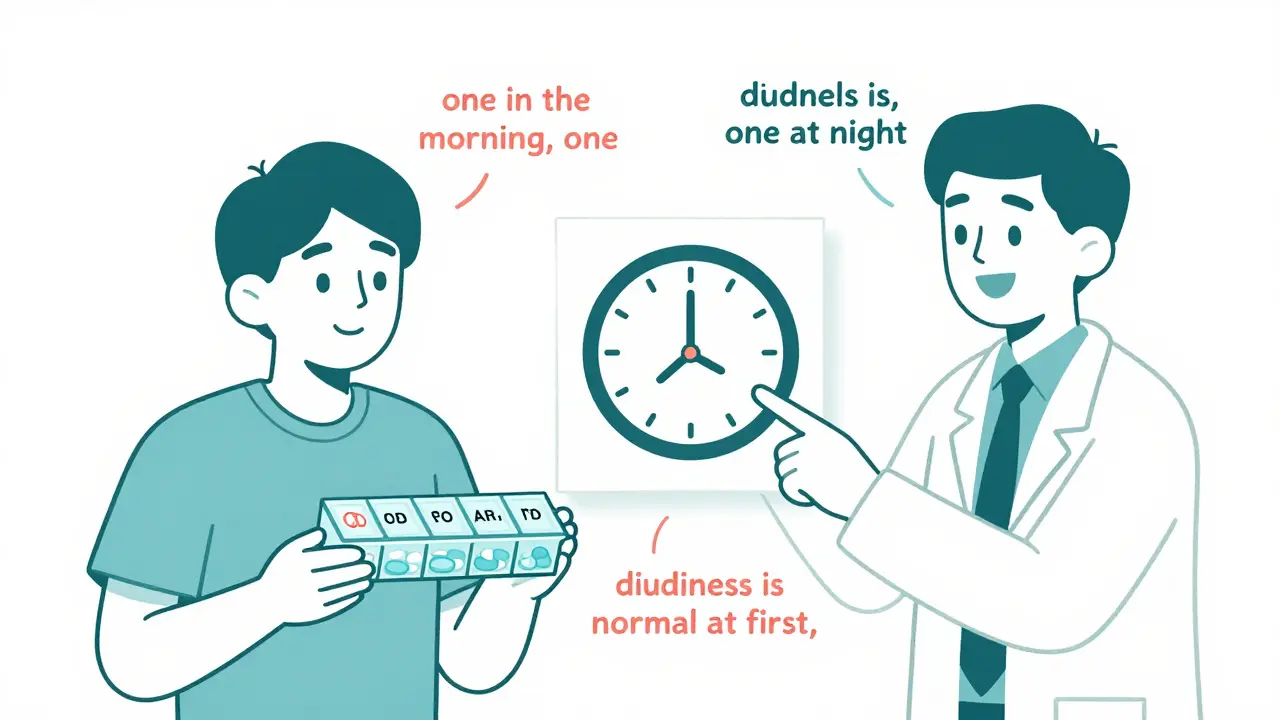 Patient using a labeled pill organizer with a hand-drawn clock showing morning and night doses.