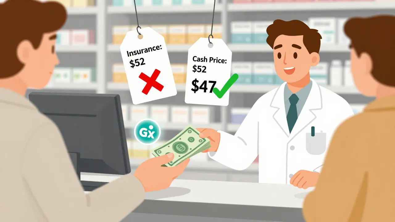 Person paying cash for medication at pharmacy while insurance card is discarded.