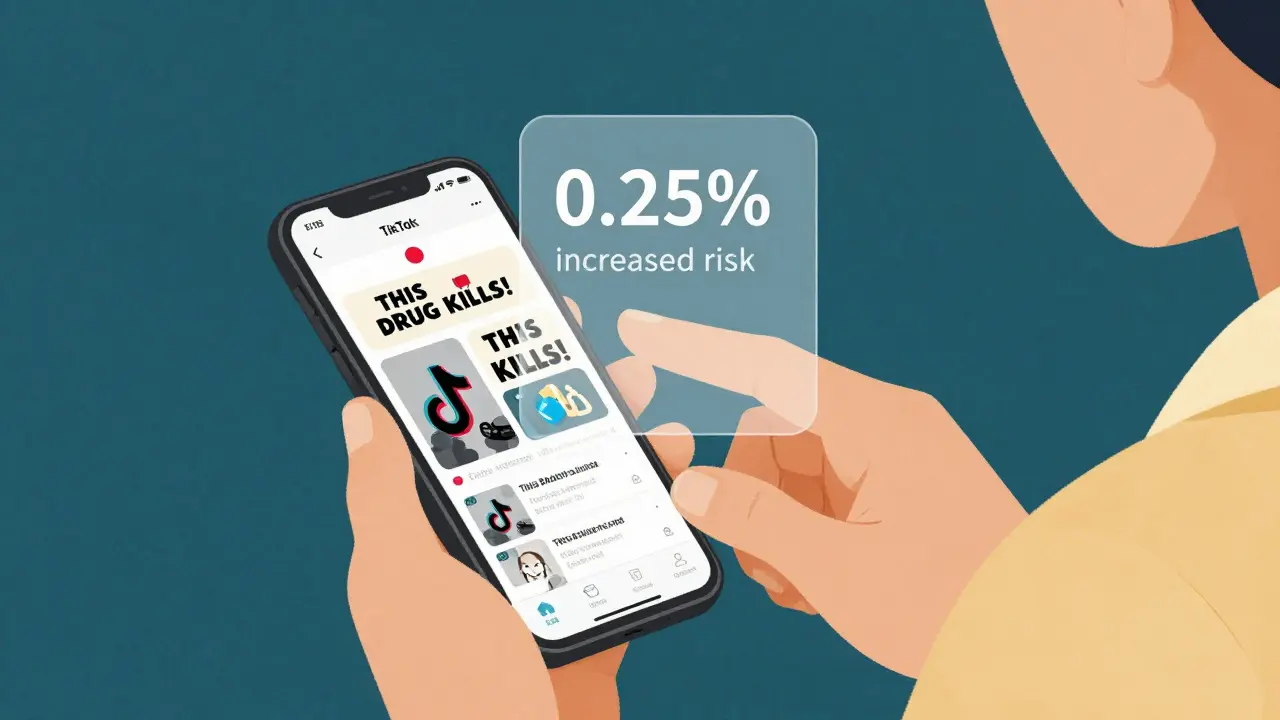 Person scrolling social media with exaggerated drug warnings, overlay shows real low-risk data and pharmacist guiding them.