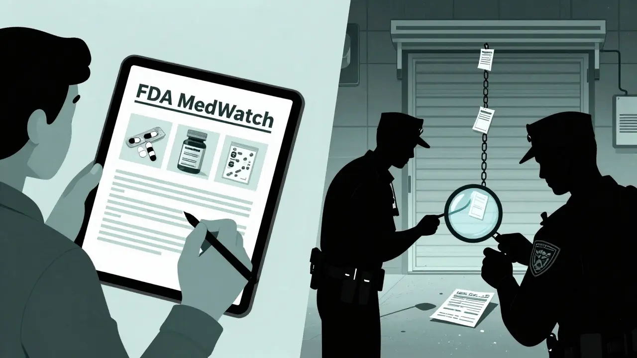 Person submitting counterfeit drug report online while investigators examine evidence in background.