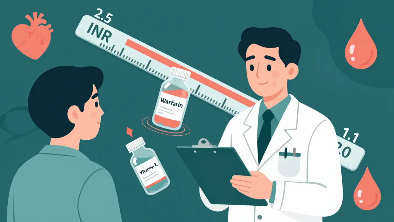 Pharmacist and patient surrounded by floating medication bottles, with INR scale tilting dangerously low.