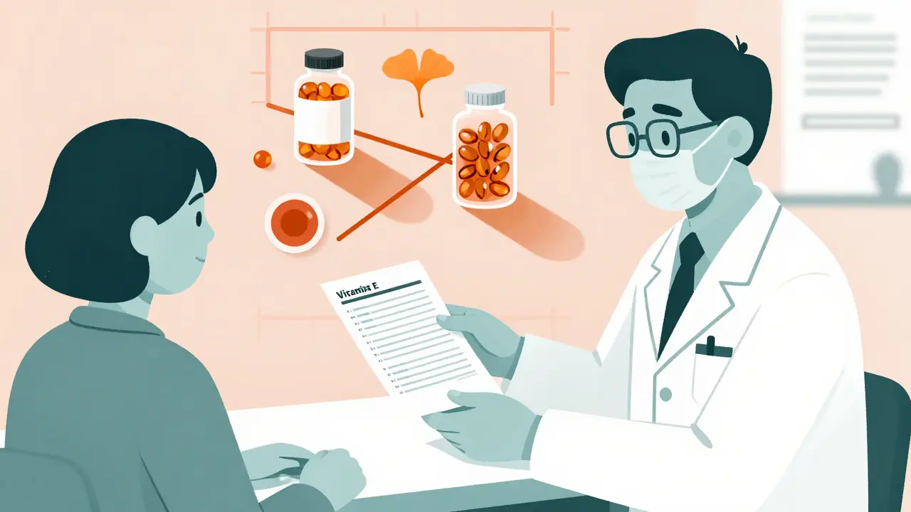 Pharmacist giving a patient an interaction report, with floating supplement bottles casting shadows.