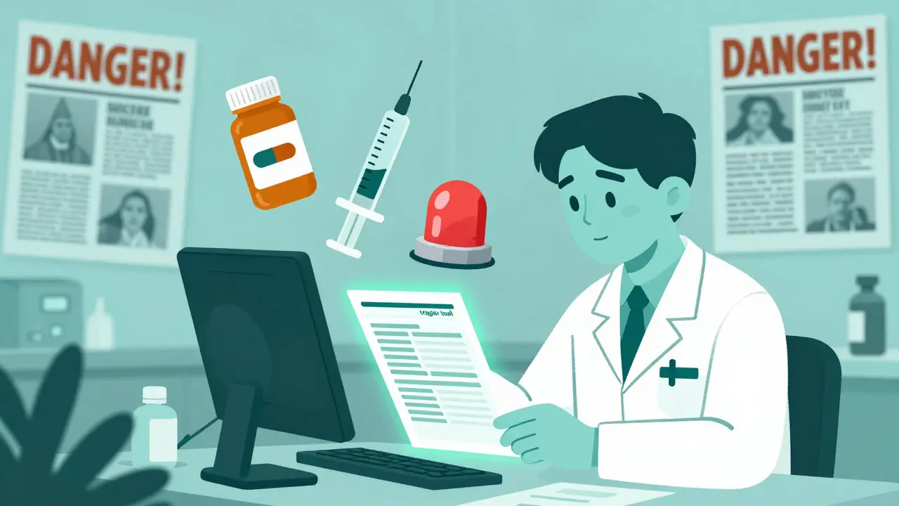 Pharmacist reviewing data in a hospital, with error icons floating around while media headlines blur in background.