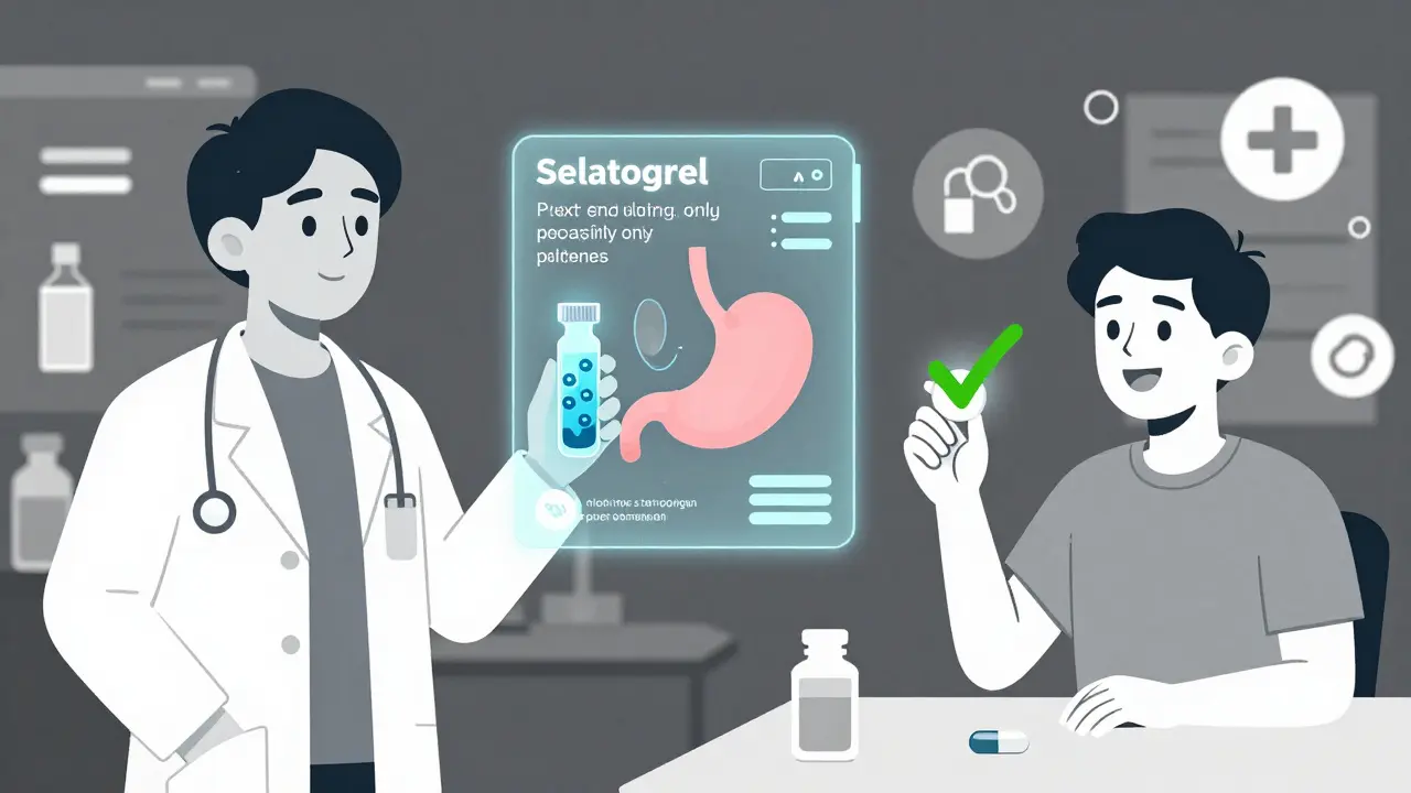 Scientist holding blood vial with hologram of next-gen drug targeting arteries, not stomach.
